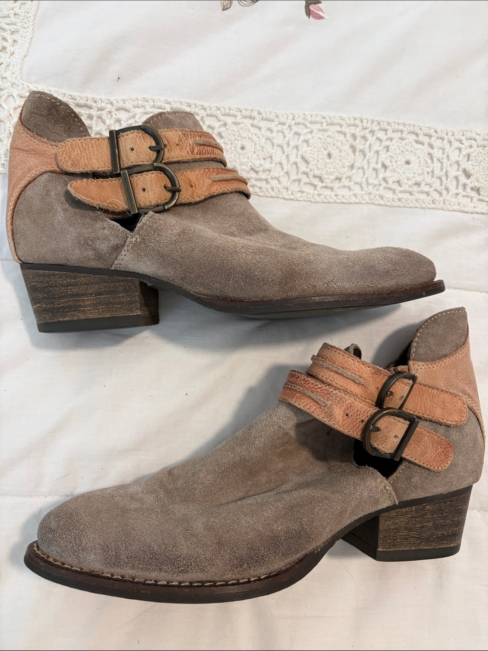 Unique Style Suede Ankle Boots with Double Buckle Strap - Taupe & Tan
